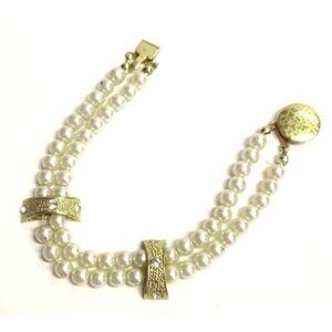 Double Strand Faux Pearl Bracelet With Gold Tone Accent Bars/Rhinestone